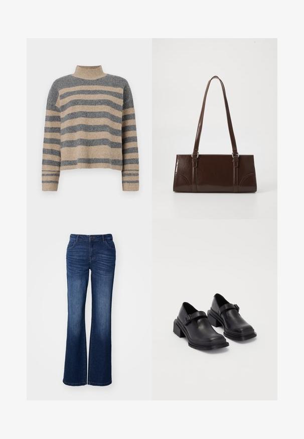 Gestreepte gebreide trui met grijze en beige kleuren, hoge hals, brede mouwen met manchetten en een relaxte pasvorm met een cropped ontwerp.; Blauwe denim flared jeans met een middelhoge taille, vijf zakken en subtiele vervagingen bij de dijen. Voorzien van een knoop- en ritsluiting aan de voorkant.; Zwarte leren schoenen met een ronde neus, platte zool en een band met een gespdetail. Stevige blokhak voor extra stabiliteit.; Bruine lakleren handtas met een rechthoekige vorm, twee lange handvatten en subtiele gebogen accenten aan de voorkant.