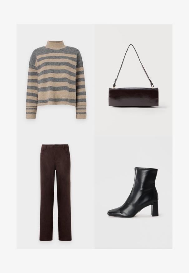 Pull en maille rayé aux couleurs grises et beiges, col haut, manches large à poignet, coupe décontractée avec un design court.; Pantalons en suède marron foncé à jambes droites avec fermeture à bouton et zip à l'avant, passants de ceinture et poches latérales.; Botte de cheville en cuir noir avec un bout pointu et un talon carré structuré. Texture lisse avec un design épuré et minimaliste.; Sac à main rectangulaire en cuir noir avec une longue bandoulière unique et une finition brillante, présenté sur un fond blanc uni.