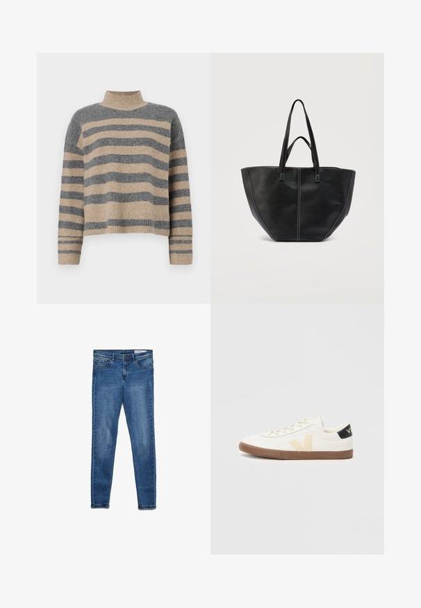 Striktrøje med striber i grå og beige farver, høj hals, brede manchetærmer og en afslappet pasform med et cropped design.; Mørkeblå denimjeans med en klassisk skinny pasform. Indeholder fem lommer, lynlås og diskret falmning for tekstur.; Hvide sneakers lavet af glat syntetisk materiale, med et beige V-logo, lysbrun gummisål og sorte hælaccenter.; Sort lædertaske med to håndtag og kontrastfuld hvid syning, med en bred, struktureret form og detaljer med central søm.