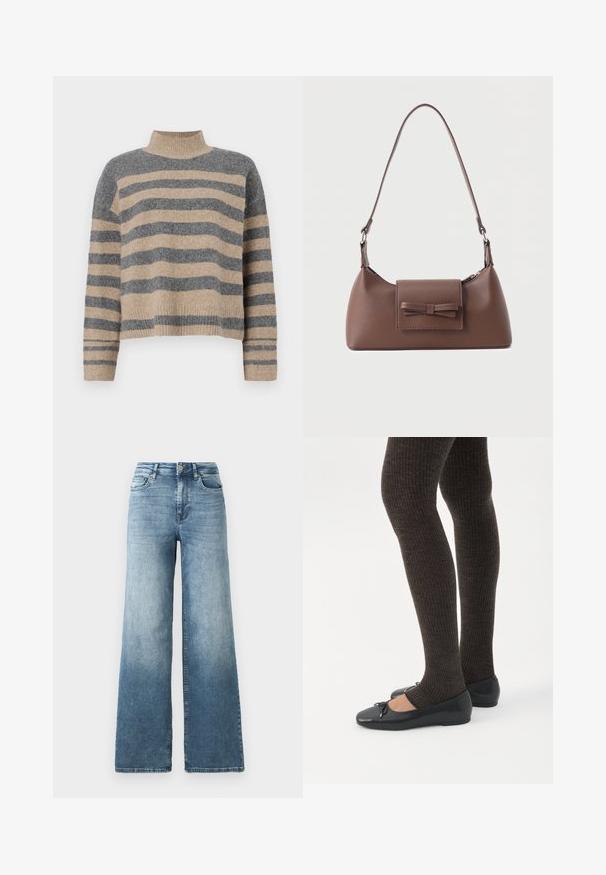 Suéter de punto a rayas en colores gris y beige, con cuello alto, mangas anchas con puños, y un corte relajado con un diseño recortado.; Jeans de denim de pierna ancha en lavado azul claro, con cintura alta, diseño de cinco bolsillos y un ligero desvanecimiento en la tela. Cierre clásico con botón de metal.; Piernas con leggings oscuros acanalados combinados con bailarinas negras que presentan pequeños detalles de lazo sobre un fondo blanco.; Bolso bandolera de cuero marrón con un bolsillo frontal de solapa que presenta un detalle de moño cosido y una correa ajustable.
