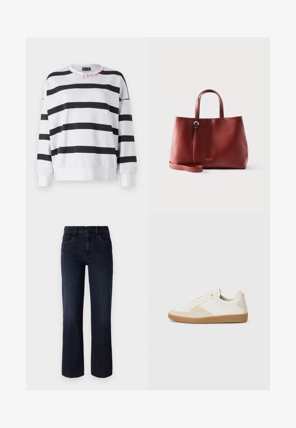 Stribet sweatshirt med hvide og sorte horisontale striber, rund hals, løs pasform og blød tekstur. Har en rød logo på skulderen.; Mother THE MID RISE RAMBLER - Jeans Straight Leg - dunkelblau; Hvide sneakers lavet af læder og ruskind, med en tekstureret overflade, rund form og gummisål. Snørebåndsdesign med pull tab.; Brun lædernettaske med dobbelte håndtag og justerbar skulderrem, sat mod en ensfarvet lys baggrund.