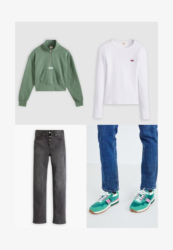 Zelená cropovaná mikina so zipom na stojacom golieri, dlhými rukávmi a predným vreckom. Na hrudi je umiestnená biela nášivka s logom Levi's.; Biele tričko Levi's s dlhým rukávom, okrúhlym výstrihom a malým červeným logom Levi's na ľavej strane hrude, zobrazené na jednotnom pozadí.; Šedé denimové džínsy s vysokým pásom, rovnými nohavicami, piatimi vreckami a zapínaním na gombíky. Majú medené prešívanie a jemné vyblednutie.; Zelené športové tenisky s bielymi a námorníckymi akcentmi, detailom ružového pruhu a textúrovanou tkaninou. Šnurované bielymi šnúrkami; gumová podrážka.