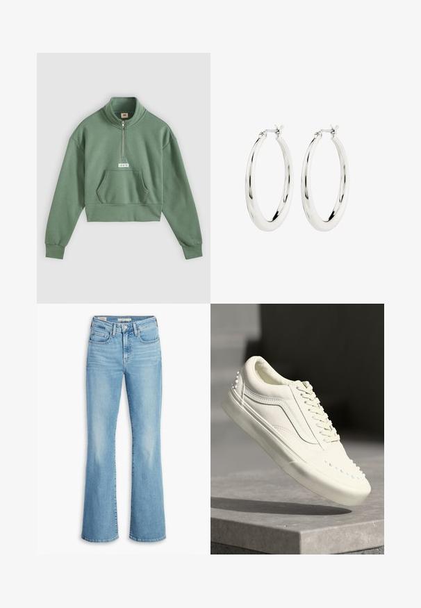 Zelená cropovaná mikina so zipom na stojacom golieri, dlhými rukávmi a predným vreckom. Na hrudi je umiestnená biela nášivka s logom Levi's.; Svetlomodré džínsové nohavice s rozšírenými nohavicami a vysokým pásom, päť vreciek, jemné pruhy a klasický prešitý lem. Hladká textúra, ležérny dizajn.; Biele tenisky s textúrovaným povrchom, s polstrovaným golierom, šnurovaním a malými dekoratívnymi cvočkami pozdĺž strany blízko podrážky.; Strieborné kruhové náušnice s hladkým, lesklým povrchom. Obľúbený tvar, vybavené bezpečným zapínaním. Jednoduchý a elegantný dizajn.
