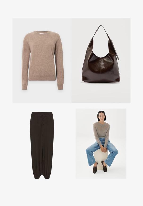 Pull beige en matériau doux, avec un col rond, des manches longues et des poignets et ourlet côtelés. Design simple et classique.; Pantalon noir ample avec taille élastique et cordon de serrage, jambes fuselées avec poignets élastiques.; Jeune femme aux cheveux courts noirs assise sur un bloc blanc, portant un pull beige en peluche, un jean bleu et des mocassins marron foncé, sur un fond blanc.; Sac à bandoulière en cuir marron foncé brillant avec une seule large sangle et un détail de boucle sur un côté, posé sur un fond clair uni.