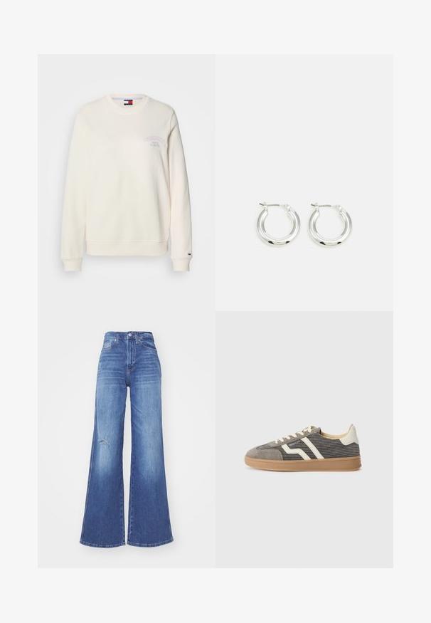 Crème-kleurige sweater met ronde hals, lange mouwen en een klein paars logo op de borst. Zacht, gestructureerd materiaal met geribbelde boorden.; Brede blauwe denim jeans met een hoge taille, met een ver-sleten detail bij de knie en een gladde textuur. Klassiek vijf-pocket ontwerp.; Grijze suède sneaker met een gestructureerd bovenwerk, voorzien van crèmekleurige strepen en veters, en een gumrubberen zool voor grip. Tijdloos atletisch ontwerp.; Zilveren oorbellen in de vorm van een ring met een gepolijste afwerking, met een cirkelvorm en een scharnierende postsluiting. Glad oppervlak met minimale details.