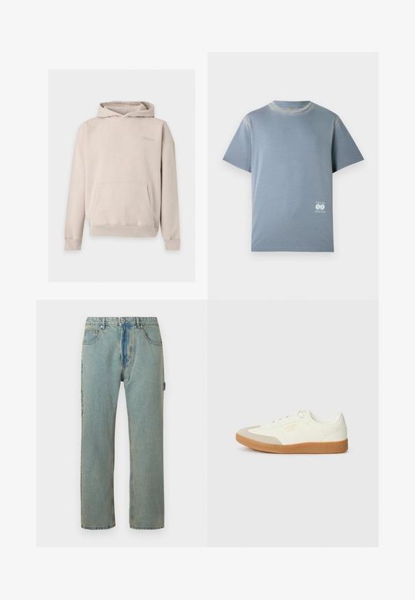 Hellbeiger Kapuzenpullover mit Fronttasche und dezent besticktem Markennamen auf der linken Brustseite, dargestellt auf einem einfarbigen Hintergrund.; Hellblaues T-Shirt aus weicher Baumwolle, mit kurzen Ärmeln und rundem Halsausschnitt. Enthält ein kleines weißes Grafikdesign auf der unteren Vorderseite.; Hellblaue, locker sitzende Denim-Jeans mit fünf Taschen, einem Knopfverschluss und sichtbaren Nähten. Der Stoff hat ein verblasstes, strukturiertes Aussehen.; Sneaker aus weißem Leder mit einer beigen Zehenkappe und leichter brauner Gummisohle. Verfügt über flache weiße Schnürsenkel und geprägtes Branding an der Seite.