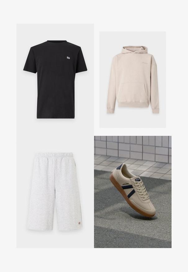 Sweat à capuche beige clair avec poche avant et nom de marque brodé discrètement sur la partie gauche de la poitrine, présenté sur un fond uni.; T-shirt noir à manches courtes avec col rond et petit logo blanc "Lee" sur le côté gauche de la poitrine, sur un fond uni.; Shorts gris clair longueur genou avec taille élastique et petit logo de la marque sur la partie inférieure de la jambe gauche.; Baskets beiges avec une finition texturée, bandes navy et semelle en caoutchouc. Équipées d'une languette rembourrée et d'un système de laçage traditionnel pour un maintien sécurisé.
