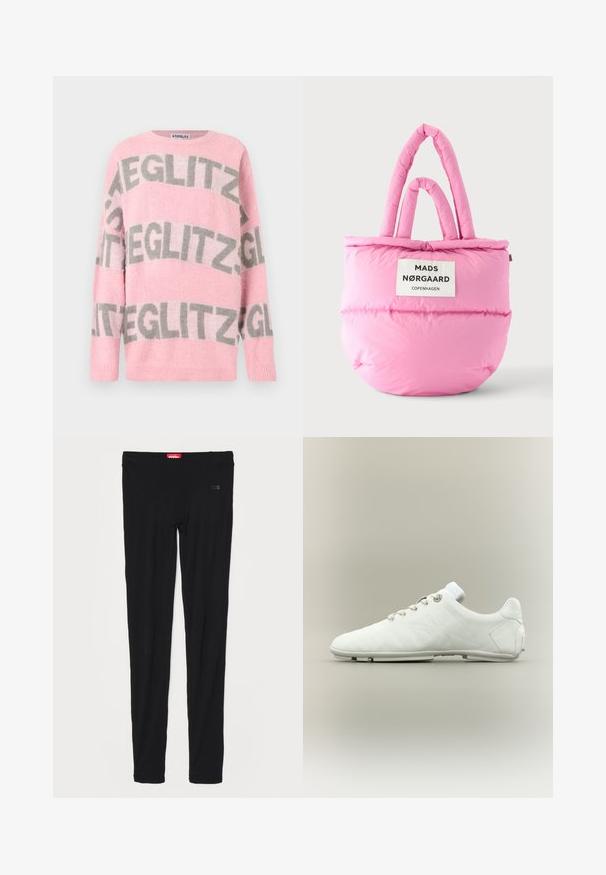 Weicher rosa Rundhalspullover mit wiederholtem großem grauen "STIEGLITZ" Schriftzug auf Vorderseite, Ärmeln und Brust.; Schwarze Leggings aus glattem Stoff, mit einem hohen Bund und dezentem Branding auf der Vorderseite. Die Leggings haben eine schmale, figurbetonte Passform.; Weißer Sportschuh mit niedrigem Profil, Schnürsenkeln, stromlinienförmigem Design und glatter, minimaler Sohle vor neutralem Hintergrund.; Weiche rosa gepolsterte Tragetasche mit doppelten Griffen und einem weißen rechteckigen Etikett mit der Aufschrift "Mads Nørgaard Copenhagen."