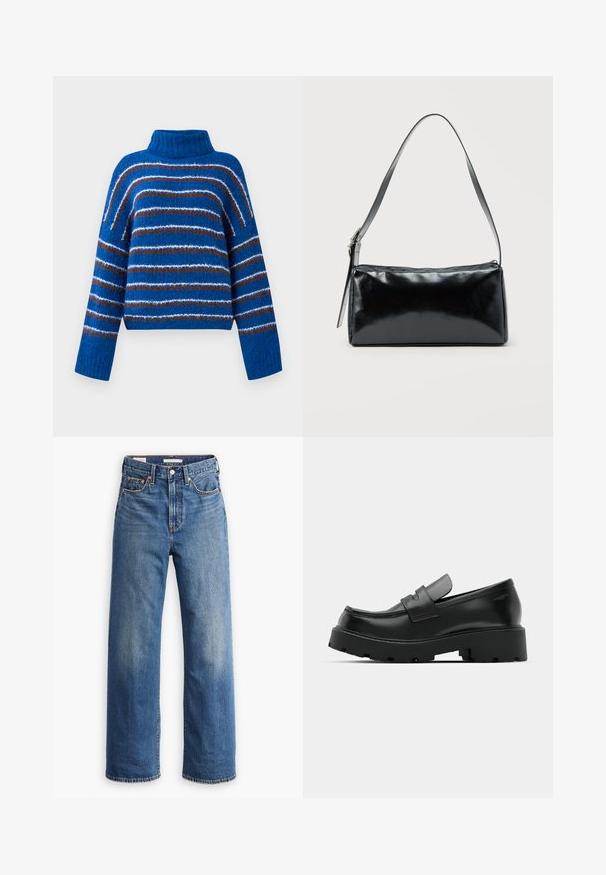 Blauer Rollkragenpullover mit horizontalen Streifen in Braun, Weiß und Hellblau, langen Ärmeln und gerippten Bündchen.; Hellblaue Jeans aus Denim mit hoher Taille, weitem Bein, klassischem Fünf-Taschen-Design und subtilen Verwaschungen im Stoff.; Schwarze Leder-Loafers mit einer chunky strukturierten Sohle, ausgestattet mit einem Riemen über dem Spann und einer glatten, polierten Oberfläche.; Schwarze rechteckige Schultertasche mit einem verstellbaren Riemen und einem oberen Reißverschluss vor einfachem Hintergrund.