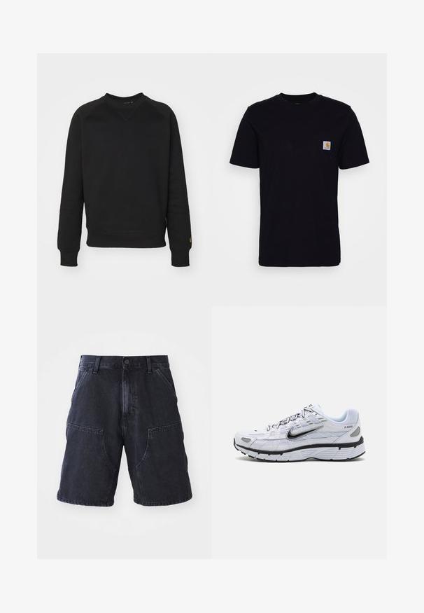 Sort crewneck sweatshirt med lange ærmer, ribbede manchetter og kant. Har en trekantet sømdetalje ved halsudskæringen og logoaccent.; Sort bomulds T-shirt med korte ærmer, rund hals og en brystlomme, der har et lille, kvadratisk logo-patch. Enkel, ensfarvet design.; Mørke denim shorts med lige snit, store forlommer og knaplukning; glat tekstur og minimale syninger.; Hvide løbesko med mesh-overdel, rund tå, sorte accenter og mønstret sål. Har snøring og branding på siden.