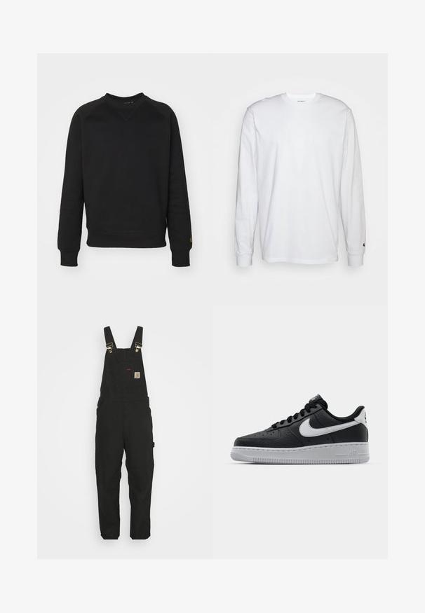Sort crewneck sweatshirt med lange ærmer, ribbede manchetter og kant. Har en trekantet sømdetalje ved halsudskæringen og logoaccent.; Hvid langærmet T-shirt lavet af bomuld. Rund halsudskæring med ribbede manchetter og et lille logo på venstre ærme. Glat tekstur.; Sorte bomuldsoveralls med justerbare stropper, en forlommes med logo patch og to sidelommer i en afslappet pasform.; Sort lædersneaker med tekstureret overflade, hvid Nike swoosh, grå sål, rund tå og snørebåndsdesign. Har perforeringer på tåboksen.