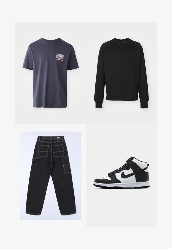 Schwarzes Crewneck-Sweatshirt mit langen Ärmeln, gerippten Bündchen und Saum. Verfügt über ein dreieckiges gesticktes Detail am Ausschnitt und ein Logo-Highlight.; Marineblaue Baumwoll-T-Shirt mit Rundhalsausschnitt und kurzen Ärmeln. Mit einem geometrischen Grafikdruck in Lila und Weiß auf der linken Brust.; Schwarze Denim-Hosen mit lockerer Passform, ausgestattet mit mehreren Taschen, sichtbaren Nähten und geradem Bein-Design.; Schwarz-weißer High-Top-Sneaker mit Lederobermaterial, perforiertem Zehenbereich, auffälligem Swoosh-Logo und strukturiertem Gummisohle.