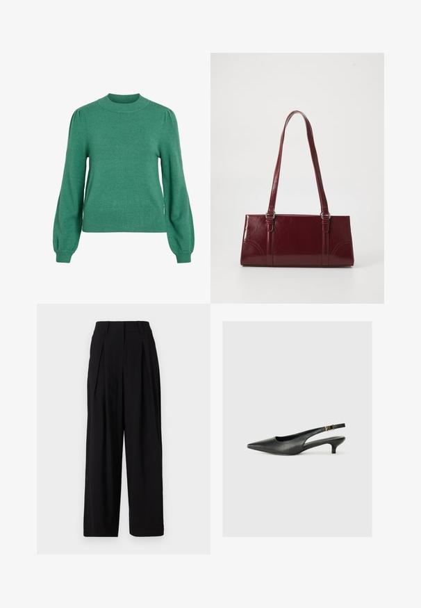 Grøn strikket sweater med rund halsudskæring, lange pufærmer og ribbet kant. Glat tekstur og tætsiddende silhuet.; Sorte vide benbukser lavet af glat stof, med en høj talje, folder foran og en flydende silhuet.; Sorte spidse slingback-sko lavet af glat læder. Har en tynd hæl og en spænde detalje på den justerbare rem.; Bordeaux håndtaske lavet af glansfuldt materiale, rektangulær form, med to skulderremme og subtile buede detaljer på forsiden.