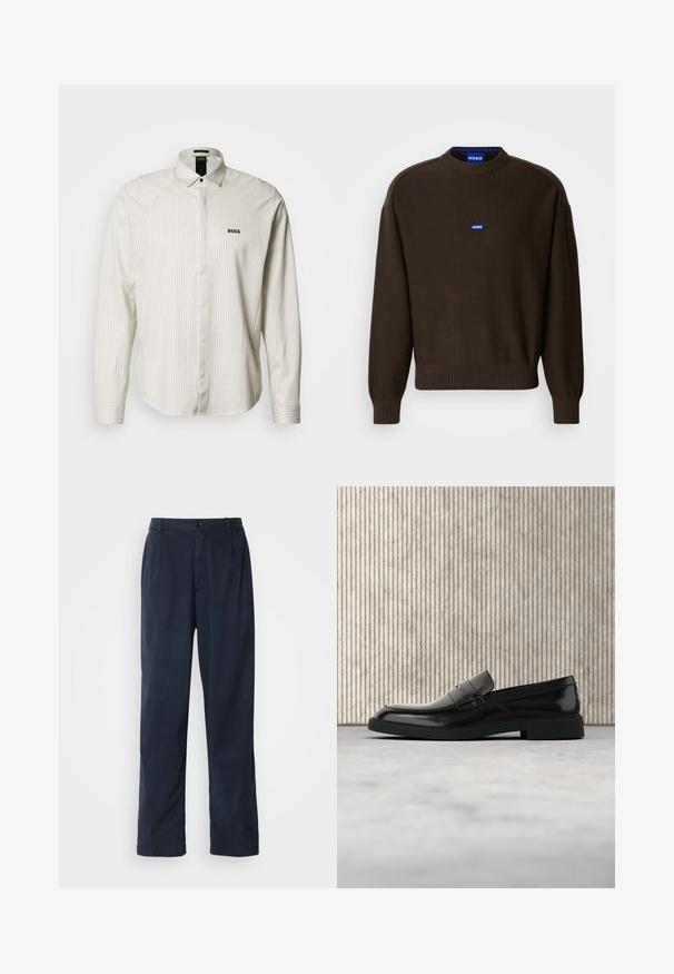 Pull en maille marron avec un col rond, des poignets et un ourlet côtelés, et un petit logo bleu "HUGO" sur la poitrine. Texture lisse sur toute la surface.; Chemise à manches longues rayée en beige clair et blanc, dotée d'un col classique, d'une fermeture à boutons, et d'un logo brodé "BOSS" sur la poitrine.; Pantalon bleu marine en mélange de coton. Présente une coupe droite, une fermeture à bouton sur le devant et de légères plis. Texture douce.; Mocassin en cuir noir poli flottant au-dessus d'un tapis beige avec un mobilier translucide orange en arrière-plan.