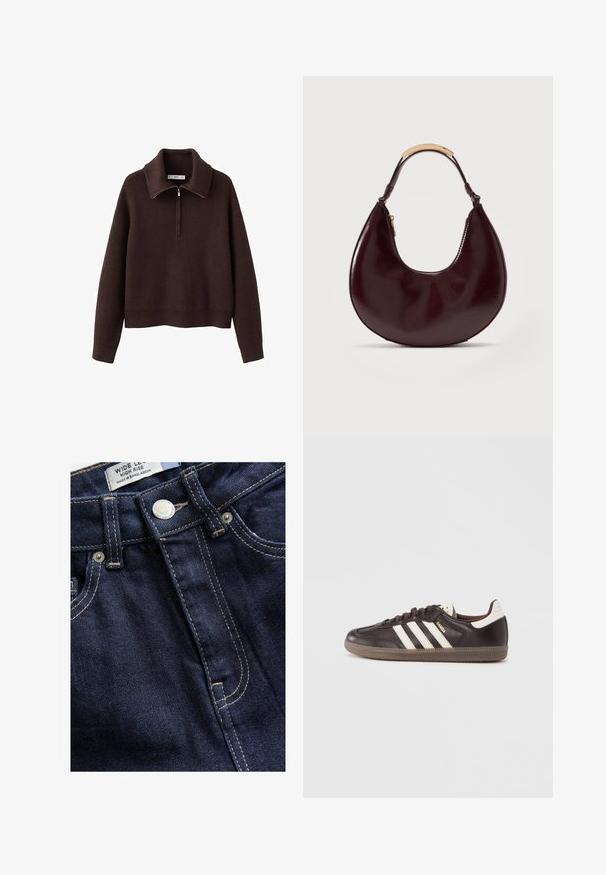 Pull-over marron côtelé avec col montant et fermeture à demi-zip. Présente une coupe décontractée et une texture douce.; Next WIDE - Wide Leg - rinse; Baskets en cuir marron foncé avec un design à trois bandes blanches, une semelle en caoutchouc et l'inscription "Samba" en lettres dorées sur le côté. Forme classique basse.; Sac à main en cuir marron foncé en forme de croissant avec une poignée courte ornée d'un accent en métal doré et une fermeture éclair latérale.