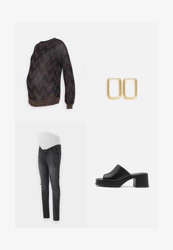 ONLY MATERNITY OLMNICKY LIFE - Džemper - black/dark gold; Tumedast hallist denimist rasedate teksapüksid, millel on veniv vöökoht, tumenevad detailid ja kitsas lõige.; Mustast nahast platvormi mulli, ümar avatud varvas, madal plokktald ja sile tekstuur. Minimalistlik disain koos sujuvate joontega.; Kuldse metallist rõngas kõrvarõngad, millel on nelinurkne kuju, siledad servad ja poleeritud pind, mis peegeldab valgust läikiva pinnaga.