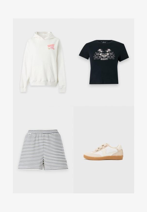 Sweat à capuche blanc avec poche avant et texte "SUNSET" avec un graphisme de fruit en rose et orange sur la partie gauche supérieure de la poitrine.; T-shirt noir court avec un motif floral tropical blanc et des palmiers, avec le texte "ROXY" centré sur la poitrine.; Shorts rayés avec un schéma de couleurs blanc et marine, taille élastique, matériau en coton doux et coupe décontractée.; Baskets en cuir blanc et beige avec des accents en daim, dotées d'un bout rond, de trois bandoulières Velcro et d'une semelle en caoutchouc couleur gomme.