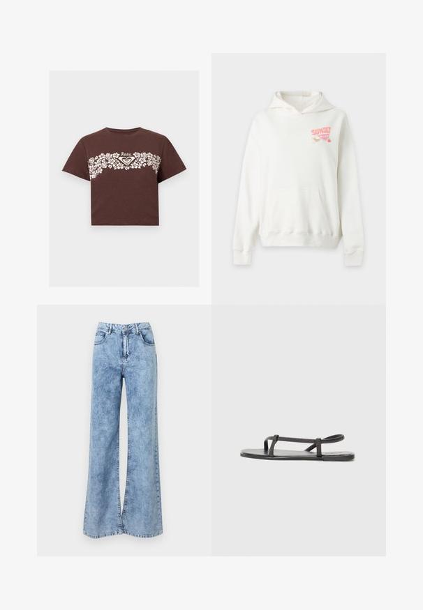 Sweat à capuche blanc avec poche avant et texte "SUNSET" avec un graphisme de fruit en rose et orange sur la partie gauche supérieure de la poitrine.; T-shirt crop marron avec motif floral blanc sur la poitrine et logo "Roxy" au centre.; Jean large taille haute bleu clair avec bouton et fermeture éclair à l'avant, doté de deux poches avant et de passants pour ceinture.; Sandales plates noires avec des sangles fines et texturées, au design minimaliste. La semelle est lisse et la forme globale est élégante et discrète.