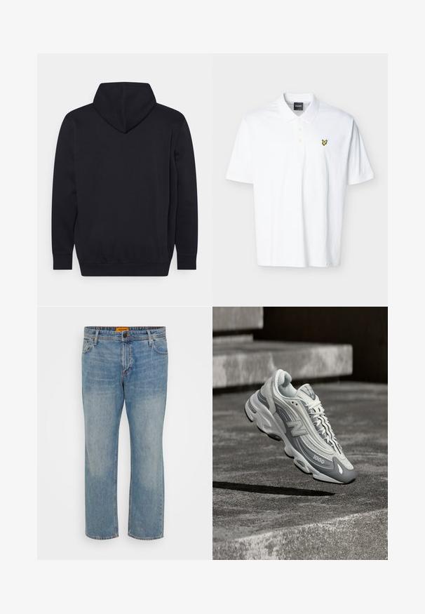 Sort hættetrøje med ribbestrikket nedre kant og manchetter. Glat tekstur, minimalistisk design, ingen synlige logoer eller mønstre. Vist fra ryggen.; Hvid polo med korte ærmer, krave, tre knapper og lille gult fuglelogo på venstre bryst.; Lyseblå denim jeans med lige ben, der har fem lommer, knaplukning og orange mærke på taljebåndet.; Hvid og grå New Balance 1000 sneaker svæver over en betonflade med trapper i baggrunden.
