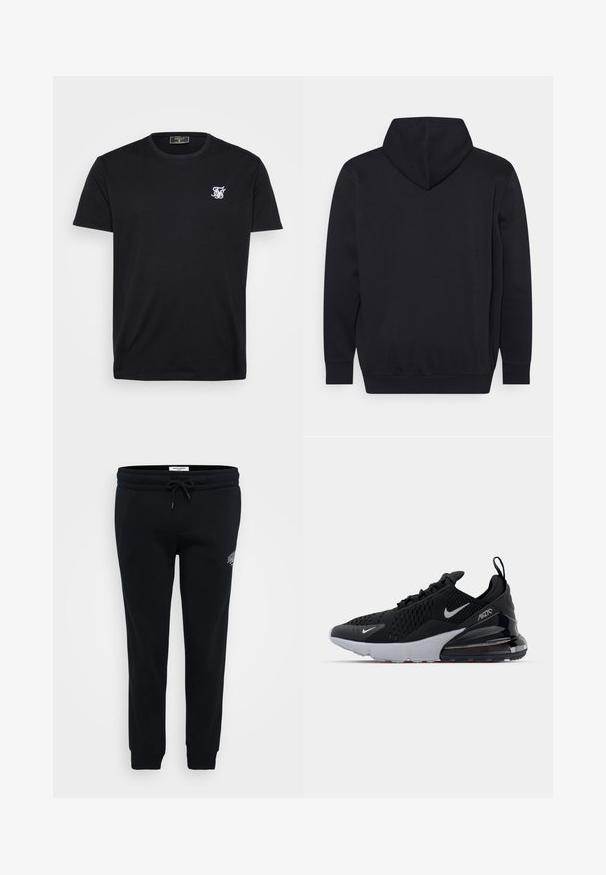 Sort hættetrøje med ribbestrikket nedre kant og manchetter. Glat tekstur, minimalistisk design, ingen synlige logoer eller mønstre. Vist fra ryggen.; Sort bomulds t-shirt med korte ærmer, rund halsudskæring og et lille hvidt broderet logo på venstre bryst. En simpel og klassisk design.; Sorte sweatpants lavet af blødt stof, med elastisk talje, snor, sidelommer og en lille logo detalje på hoften.; Sort atletiksko med mesh-overdel, hvid sål og synlig luftdæmpning i hælen. Slank design med diskrete sølvdetaljer.