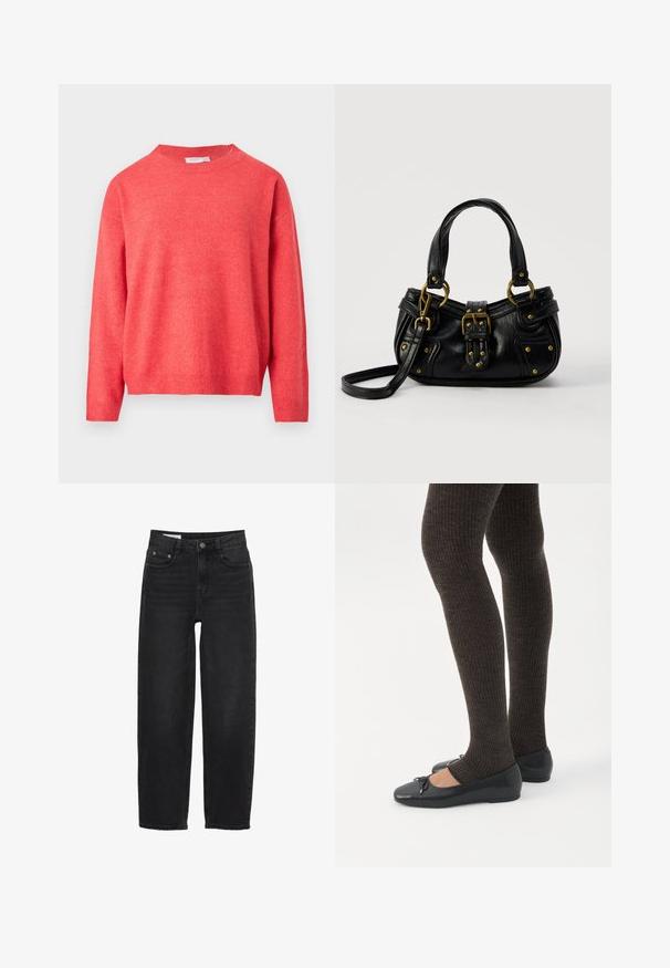 Pull en maille corail avec encolure ronde, coutures d'épaules tombantes, poignets et taille côtelés. Texture douce avec un léger effet scintillant.; Jeans en denim noir avec une coupe droite, dotés d'une fermeture à bouton, de cinq poches et de détails de couture subtils.; Jambes portant des leggings côtelés foncés associés à des ballerines noires avec de petits détails en nœud sur fond blanc.; Sac à main en cuir noir avec boucle dorée et détails à rivets, poignées courtes et bandoulière réglable sur fond blanc uni.