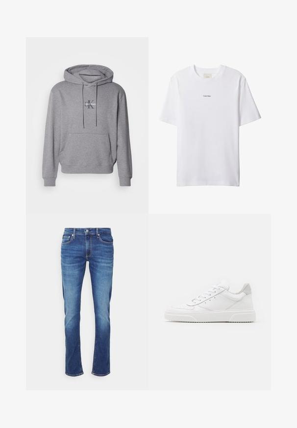 Šedý pulóver s kapucňou vyrobený z bavlnenej zmesi, s kangaroo vreckom, šnúrkou na kapucni a vyšitým logom Calvin Klein na hrudi.; Biele bavlnené tričko s okrúhlym výstrihom a krátkymi rukávmi. Na hrudi uprostred je malý čierny nápis "Calvin Klein".; Modré riflové nohavice s vyblednutými efektmi, zapínanie vpredu na gombík a zips a päťvreckový štýl na jednofarebnom bielom pozadí.; Biele kožené tenisky s hladkým povrchom, zaoblenou špičkou, plochými šnúrkami a textúrovanou podrážkou. Sivý semišový akcent na päte.