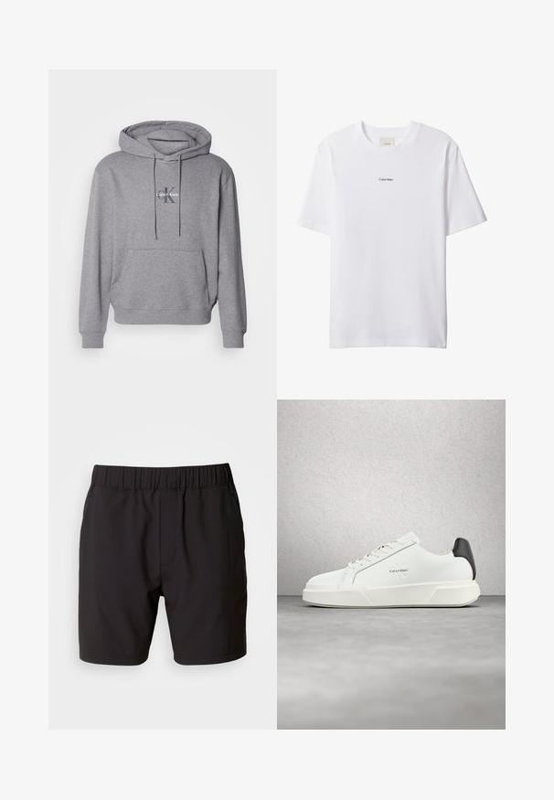 Grå pullover hoodie lavet af en bomuldsblanding, med en kengurulomme, snoretræk til huen, og broderet Calvin Klein logo på brystet.; Hvid bomuld t-shirt med rund hals og korte ærmer. Har en lille sort "Calvin Klein"-logo centreret på brystet.; Sorte shorts lavet af strækbart stof, med en elastisk talje, sidelommer og et simpelt, rent design. Ingen mønstre eller detaljer.; Hvide sneakers med en glat læderoverdel, flade snørebånd og en forhøjet hvid sål. Har en sort detalje ved hælen og et præget logo.