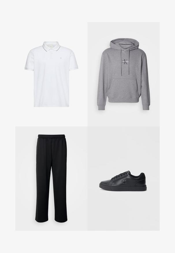 Grauer Pullover Hoodie aus Baumwollmischung, mit Kängurutasche, Kapuze mit Kordelzug und gesticktem Calvin Klein Logo auf der Brust.; Weißes Poloshirt mit kurzen Ärmeln, Zwei-Knopf-Leiste, grauem Besatz an Kragen und Bündchen sowie kleinem auf der Brust aufgesticktem "ck"-Logo.; Schwarze Sporthose aus weichem, atmungsaktivem Stoff. Mit einem elastischen Bund und geraden Beinen, ohne auffällige Akzente oder Muster.; Schwarze Ledersneaker mit Schnürdesign, Gummisohle und geprägtem Logo an der Seite, mit einer glatten Textur und minimalistischem Stil.