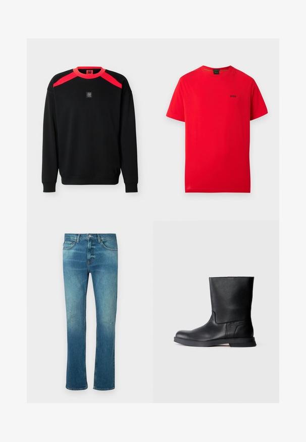 Zwarte lange mouwen trui met felrode schouderstrepen en kraag, met een kleine, middenboven geplaatste logopatch op de borst.; Rood T-shirt met korte mouwen en ronde hals, met een klein zwart "BOSS"-logo op de linkerborst, tegen een witte achtergrond.; Blauwe denim jeans met een rechte snit, voorzien van een vervaagd uiterlijk, lichte slijtage op de knieën en een klassiek vijf-pocket ontwerp.; Zwarte leren enkelboot met een gestructureerde afwerking, ronde neus en lage rubberen zool. Eenvoudig ontwerp zonder zichtbare hardware of versieringen.