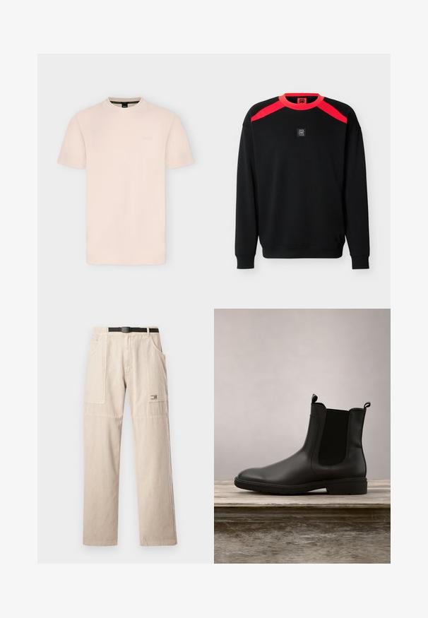 Sweat-shirt noir à manches longues avec des bandes rouges vives sur les épaules et le col, comportant un petit patch logo centré sur la poitrine.; T-shirt beige clair à manches courtes et col rond avec un logo embossé subtil sur la poitrine et une étiquette noire à l'intérieur du col.; Pantalon cargo beige à jambe droite, avec passants pour ceinture, grandes poches latérales et une petite étiquette de marque sur la cuisse gauche. Matière en coton.; Bottine Chelsea noire en caoutchouc avec une finition lisse, panneaux latéraux élastiques et languettes, présentant un petit talon et une semelle robuste.