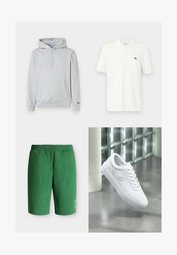 Sweat à capuche gris clair en mélange de coton, avec poche kangourou, capuche à cordon réglable et détail de logo en relief sur la poitrine.; Polo-shirt blanc en coton lisse avec un col classique, patte de boutonnage à trois boutons et un petit logo crocodile vert sur la poitrine.; Shorts décontractés verts avec taille élastique et petit logo blanc près du bas de la jambe gauche sur un fond uni.; Baskets basses blanches avec un design à lacets et un logo crocodile en relief, positionnées au-dessus d'un sol gris poli avec un mur en blocs de verre en arrière-plan.