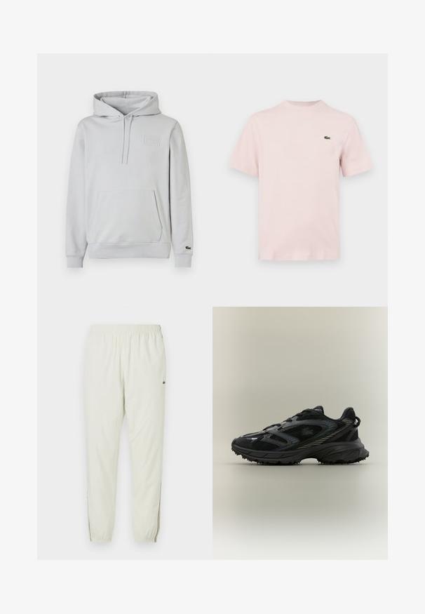 Lichtgrijze hoodie gemaakt van een katoenmengsel, met een kangoeroezak, verstelbare capuchon met trekkoord en een geperst logodetail op de borst.; Effen lichtroze T-shirt met korte mouwen en een klein groen krokodillenlogo op de linkerborst, weergegeven tegen een witte achtergrond.; Creme kleurige lichte joggingsbroek met een elastische tailleband, cuffs bij de enkels, zijslitsen en een klein groen logo op de bovenbenen.; Zwarte sportieve schoen met meshpanelen, een gestructureerde zool, veters en een gebogen silhouet met zilveren accenten aan de zijkanten.