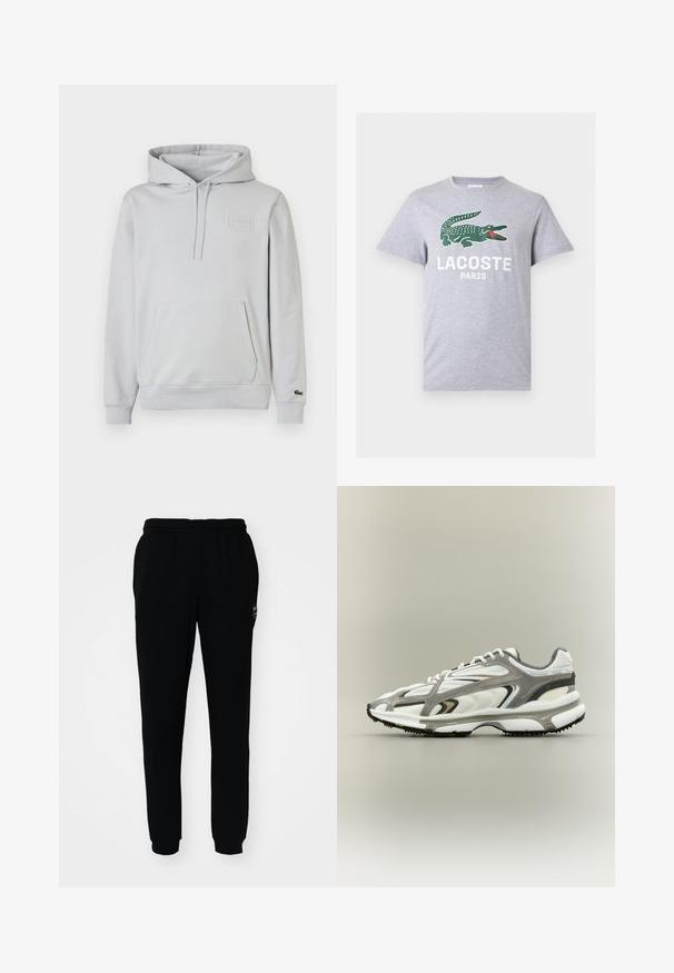 Hellgrauer Hoodie aus Baumwollmischung mit Kängurutasche, verstellbarer Kapuze mit Kordelzug und geprägtem Logodetail auf der Brust.; Hellgraues T-Shirt mit kurzen Ärmeln, grünem Krokodil-Logo und weißem "LACOSTE PARIS"-Text, der mittig auf der Brust platziert ist.; Schwarze Jogginghose mit elastischem Bund und Bündchen. Aus weichem Stoff gefertigt, mit einem kleinen Logo auf der oberen linken Seite.; Sportschuh mit einem weißen Mesh-Obermaterial, grauen Akzenten, schwarzer Gummisohle und einem aerodynamischen Design. Verfügt über Schnürsenkel und strukturierte Details.