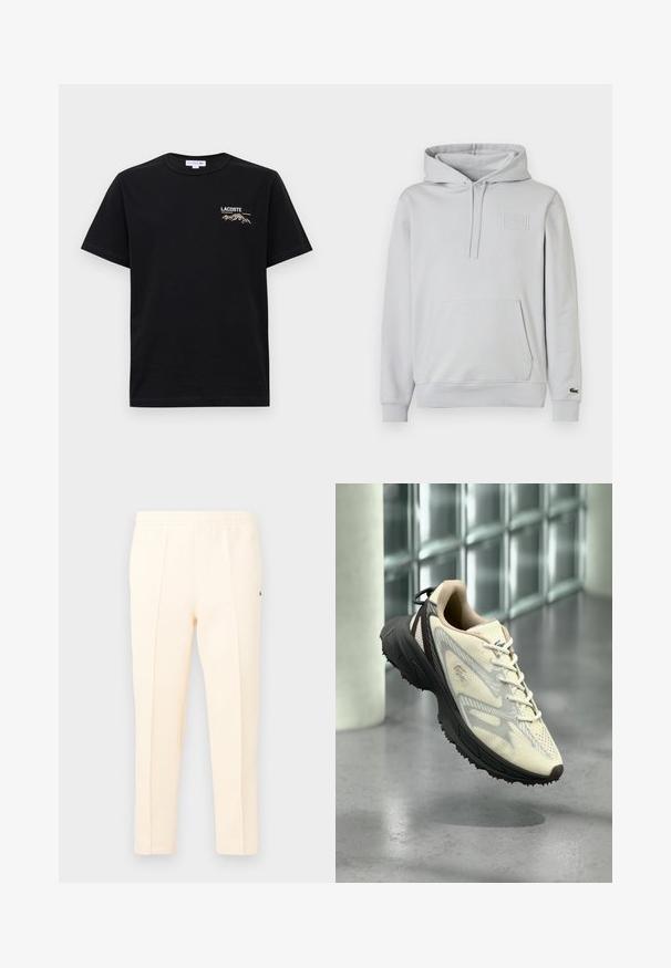 Lysegrå hættetrøje lavet af bomuldsblanding, med kængurulomme, justerbar snøre i hætten og præget logodetalje på brystet.; Sort bomulds T-shirt med korte ærmer, rund hals og et broderet "LACOSTE" logo med bjerggrafik på venstre bryst.; Off-white slim-fit bukser med elastisk talje, sidelæns striber og lille broderet grønt krokodillelogo på det øverste højre lår.; Lyse beige og grå atletikskosko med sort sål, svævende i luften mod en flisevæg og gråt gulv i baggrunden.