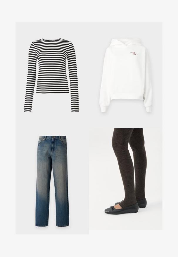 Hvid cropped hoodie lavet af blødt bomuld. Har en front kangaroo lomme og ribbede manchetter. "THE Disheartened CLUB" broderet i rød.; Sort og hvid stribet langærmet top med rund halsudskæring. Lavet af et ribbet stof, har den jævnt fordelte vandrette striber.; Blå denim jeans med et lige ben design, der har en fading fra mørk til lys, fem-lommemodel og en knaplukning i taljen.; Ben iført mørke ribbede leggings kombineret med sorte balletsko med små sløjfedetaljer på hvid baggrund.
