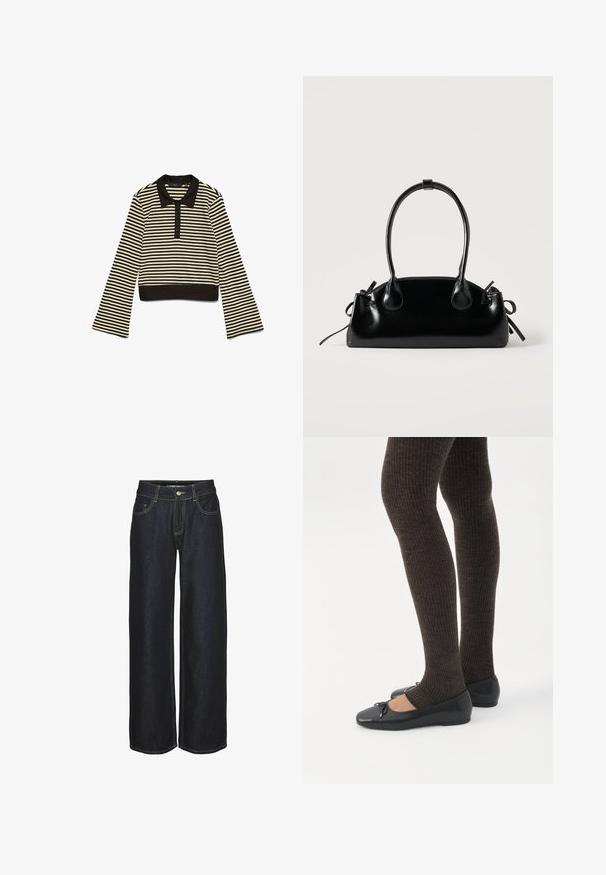 Sort og beige horisontalt stribet langærmet polo skjorte med sort krave og knaplukning, lagt fladt på en hvid baggrund.; Mørkeblå lige ben jeans med frontlommer, bæltestropper og gule kontrastsyninger, vist på en hvid baggrund.; Ben iført mørke ribbede leggings kombineret med sorte balletsko med små sløjfedetaljer på hvid baggrund.; Lille sort blank håndtaske med to lange håndtag og snøre-detaljer i siden på en ensfarvet lys baggrund.