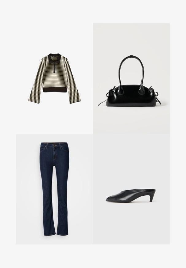 Sort og beige horisontalt stribet langærmet polo skjorte med sort krave og knaplukning, lagt fladt på en hvid baggrund.; Mørkeblå denim jeans med lige ben-design, fem-lomme stil og lys syning. Linningen har en metal-knap lukning.; Sorte lædermules med spids tå, lav hæl og glat tekstur. Minimalistisk design uden synligt hardware eller mønstre.; Lille sort blank håndtaske med to lange håndtag og snøre-detaljer i siden på en ensfarvet lys baggrund.