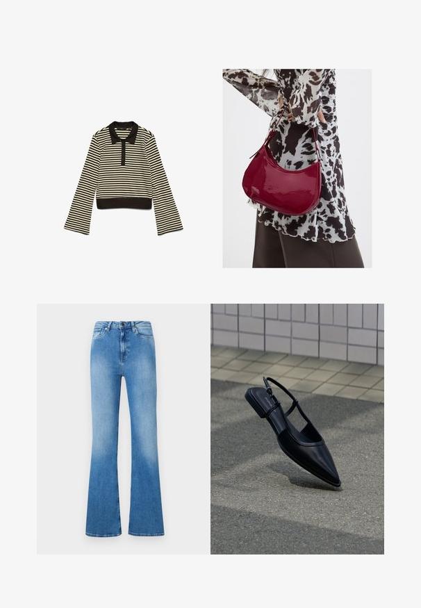 Sort og beige horisontalt stribet langærmet polo skjorte med sort krave og knaplukning, lagt fladt på en hvid baggrund.; Lysblå flagrende jeans lavet af denim. Har klassisk fem-lomme design, knaplukning og en falmet finish mod bunden.; Sort slingback-flad sko med spids tå, svævende over en asfaltflade ved siden af en flisebelagt fortov.; Kvinde iført en sort- og hvidmønstret bluse, der holder en blank rød skuldertaske mod en ensfarvet baggrund.