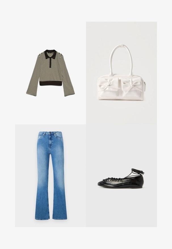 Schwarz-beige gestreiftes Langarm-Polo-Shirt mit schwarzem Kragen und Knopfleiste, flach auf einem weißen Hintergrund ausgelegt.; Hellblaue Schlagjeans aus Denim. Mit klassischem Fünf-Taschen-Design, Knopfverschluss und einem ausgebleichten Finish an der Unterseite.; Schwarze Ballerinas aus Lackleder mit runder Spitze, Schnürdesign und flacher Sohle. Glatte Textur mit minimaler Verzierung.; Weiße synthetische Handtasche mit zwei vorderen Taschen, jeweils mit einer gebundenen Schleifendekoration. Glatte Textur, abgerundete Griffe und Reißverschluss.