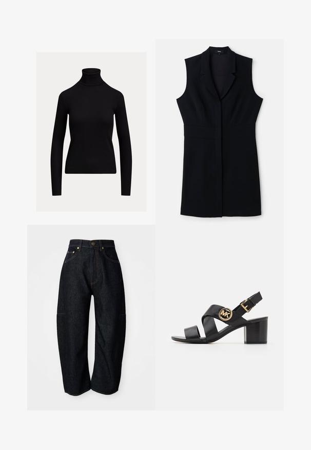 Sort, tætsiddende rullekravebluse med lange ærmer og ribstrikket tekstur, vist på en ensartet lys baggrund.; Sort ærmeløs blazer kjole med en skræddersyet pasform, der har en spids krave og en enkelt lukning foran. Glat stof og minimalistisk design.; Mørke denim jeans med en afslappet pasform, der har diskret orange syninger, forlommer og en flad talje med en knaplukning.; Sorte lædersandaler med krydssnor og et rundt MK-logo. Blokhælen har en mellemstor højde, som giver stabilitet og et elegant design.