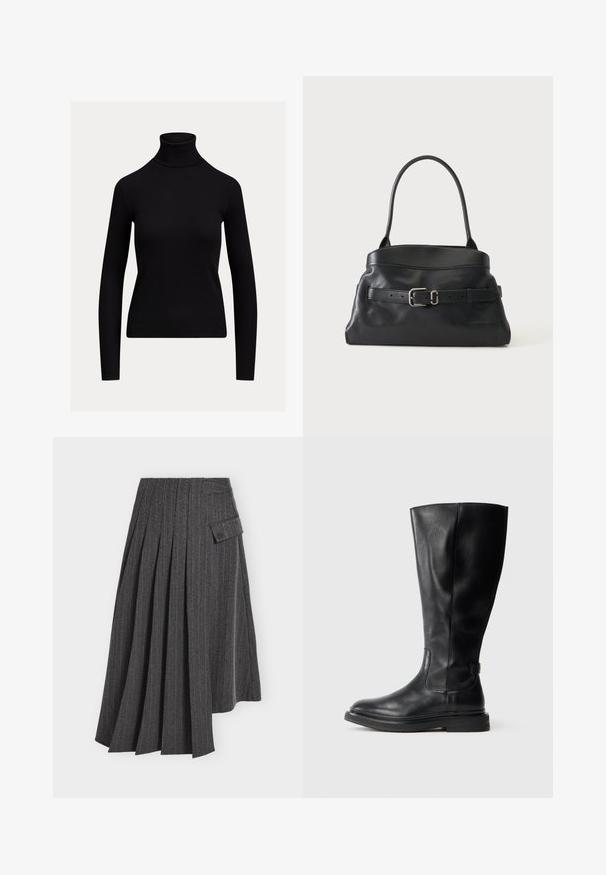 Pull noir ajusté à manches longues avec col roulé et texture côtelée, présenté sur un fond clair uni.; Jupe plissée gris foncé avec des fines rayures verticales et un ourlet asymétrique comportant une petite poche à rabat sur un côté.; Botte noire en cuir, montant jusqu'au genou, avec un bout rond, un-dessus légèrement texturé et une semelle en caoutchouc. Équipée d'un panneau latéral pour un enfilage facile.; Sac à main en cuir noir avec une seule bandoulière et une ceinture décorative avec une boucle argentée sur le devant.