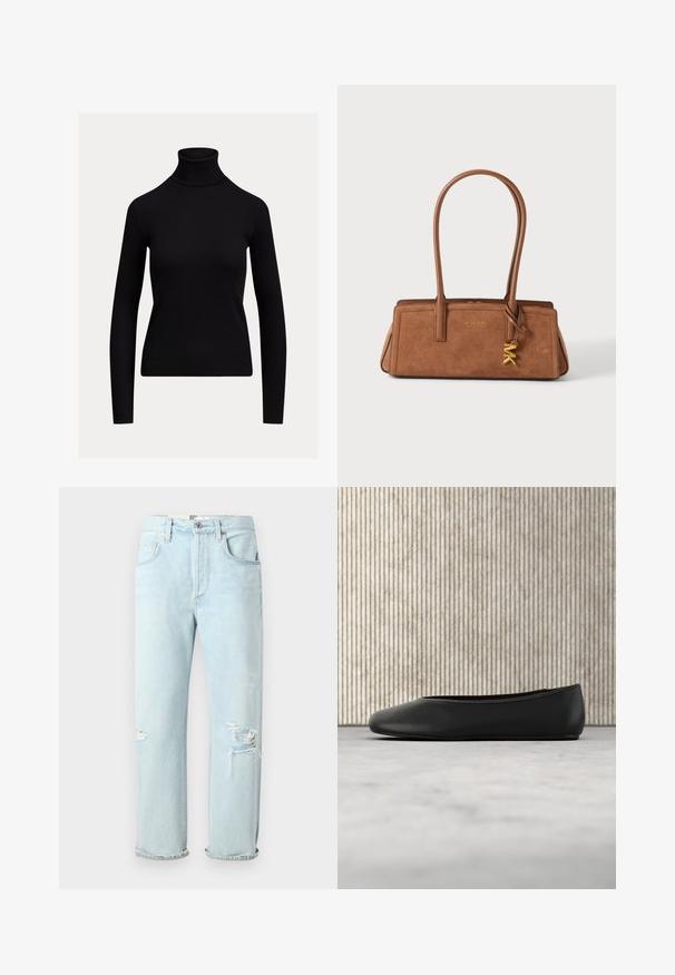 Sort, tætsiddende rullekravebluse med lange ærmer og ribstrikket tekstur, vist på en ensartet lys baggrund.; Lys blå denimjeans med en afslappet pasform, der har slidte huller på fronten, opkrøllede cuffs og klassisk fem-lomme-design.; Sorte læder balletflade med en rund tå, glat tekstur og en gulds logoaccent på siden. Placeret over en reflekterende overflade.; Brun ruskind rektangulær håndtaske med lange læderhåndtag og guldfarvet Michael Kors logo vedhæng hængende på et håndtag.