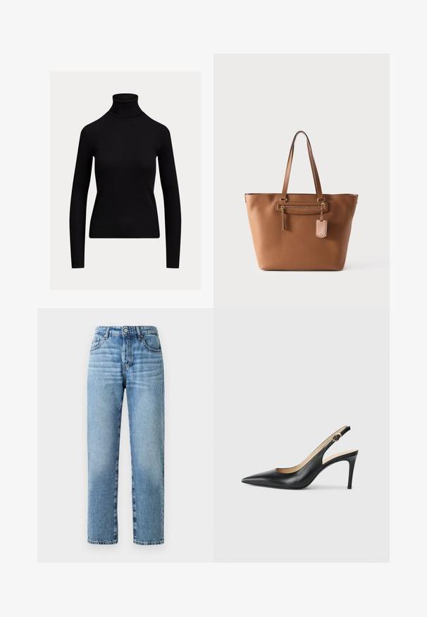 Zwarte, aansluitende coltrui met lange mouwen en geribbelde textuur, afgebeeld op een effen lichte achtergrond.; Lichtblauwe denim jeans met een rechte pijp, zichtbare stiksels, een knopen sluiting en vijf-pocket styling.; Zwarte leren slingback-hakken met een spitse neus, verstelbare band en een elegante stiletto-hak, met een gladde afwerking.; Bruine leren totebag met dubbele schouderbanden, een voorvak met rits en een bijpassende bagagelabel op een effen lichte achtergrond.