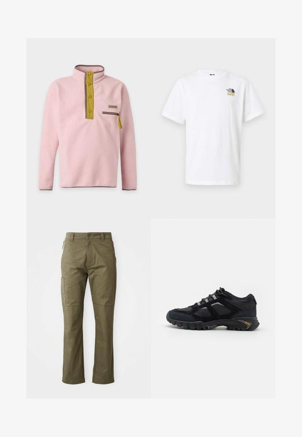 Lichtroze fleece pullover met hoge kraag, gele drukknoopsluiting en een borstzak met ritssluiting en gele trekker.; Witte T-shirt met korte mouwen en ronde hals, met een klein zwart-goudkleurig The North Face 1966-logo op de linkerborst.; Khaki cargobroek gemaakt van stevig katoen, met zijzakken, rechte pijpen en een rits met knoopsluiting.; Zwarte buitenschoen van suede en mesh met een robuuste zool. Voorzien van grijze accenten en Vibram-logo op de zijkant. Vetersluiting.