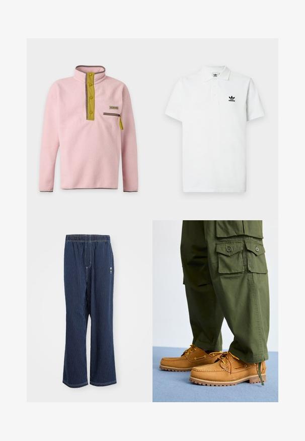 Vaaleanpunainen fleece-pusero korkealla kaulaosalla, keltaisella painonappilistalla ja vetoketjullisella rinnataskulla, jossa keltainen vetoketjun vetonuppi.; Valkoinen puuvillainen poolopaita, jossa on klassinen kaulus, kolmen napin lista ja vasemmassa rinnassa musta kirjailtu Adidas-logo. Lyhyet hihat.; Navy raidalliset housut, joissa on vaaleansiniset pystyraidat, joustava vyötärö, leveä lahje ja pieni logo sivussa. Kankaan pinta on sileä.; Timberland AUTHENTIC 3 EYE - Purjehduskengät - wheat