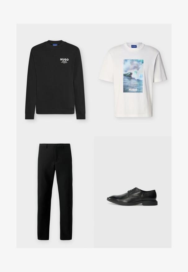 Sudadera negra de manga larga con cuello redondo con logo blanco "HUGO" y texto pequeño en la parte superior izquierda del pecho.; Camiseta blanca de manga corta con gráfico de olas oceánicas en azul, verde y blanco, y texto "HUGO" centrado en la parte frontal.; Pantalones negros de tela suave, con cierre de botón, diseño de pierna recta y sin patrones visibles, con líneas limpias.; Zapato de vestir negro de cuero con una textura suave, punta afilada, diseño de cordones con seis ojales y un tacón rectangular bajo. Detalle de marca sutil en el lateral.