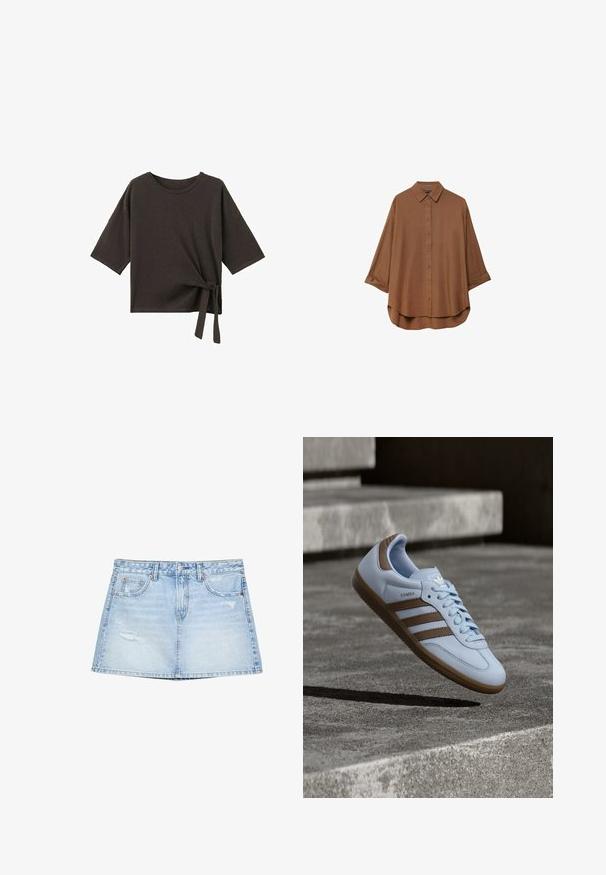 Schwarzes Kurzarmshirt mit Rundhalsausschnitt und einer seitlichen Bindedetail am unteren rechten Saum.; Braunes Button-Down-Hemd aus leichtem Stoff. Es hat einen klassischen Kragen, lange Ärmel mit umgeschlagenen Manschetten und einen abgerundeten Saum.; Helles, blaugraues Denim-Rock mit geradem Schnitt, Fronttaschen und distressed Details. Abgeschlossen mit einem Knopf- und Reißverschluss.; Hellblauer Sneaker mit braunen Wildlederakzenten, drei seitlichen Streifen, flachen Schnürsenkeln und einer strukturierten Gummisohle. Markenlogo auf der Zunge.