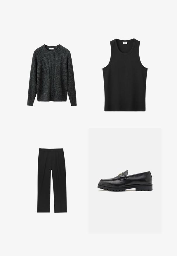 Pull gris foncé côtelé avec manches longues, col rond et coupe décontractée. Fabriqué en tissu texturé. Aucun accessoire visible ni motif.; Débardeur noir côtelé sans manches avec un col rond, conçu pour un usage décontracté.; Pantalons noirs au design droit, fabriqués à partir d'un tissu lisse. Dotés de plis sur le devant et d'une fermeture à un bouton à la taille.; Mocassins en cuir noir avec une finition lisse, bout rond, une sangle décorative avec des accessoires en or, et une semelle noire robuste.