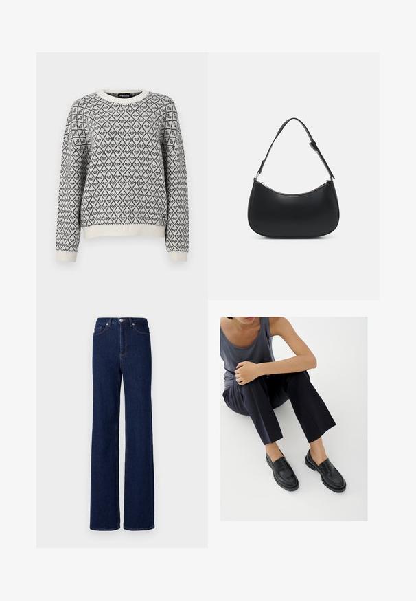Striktrøje med diamantmønster i sort og hvid, med rund hals og ribbede manchetter og kant. Blød tekstur, afslappet pasform.; Mørkeblå denim jeans med høj talje, bred benudskæring og klassisk fem-pocket design. Afsluttet med kontrastsyning og en metalknap.; Sorte læderloafers med teksturerede detaljer, lav hæl, rund tå og synlige syninger. Modellen bærer mørke bukser og en grå top.; Pieces PCALUANA SHOULDER BAG - Håndtasker - black