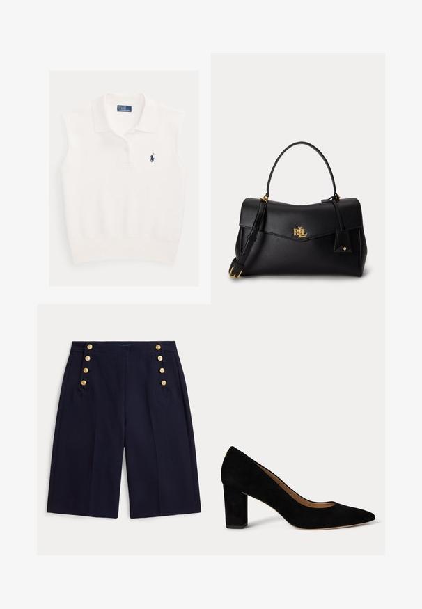 Weißes ärmelloses Poloshirt mit Kragen, zwei Knöpfen und marineblauem Ralph Lauren Polo-Spieler-Logo auf der linken Brustseite.; Marineblaue knielange Shorts mit breiten Beinen und dekorativen goldenen Knöpfen an den vorderen Taschen.; Damenkleid Schuh aus schwarzem Veloursleder mit niedrigem Blockabsatz, spitzer Zehenpartie und beigem Innenfutter auf weißem Hintergrund.; Schwarze Lederhandtasche mit Tragegriff oben, abnehmbarem Schulterriemen und goldenem "RLL" Logo auf der Vorderklappe.